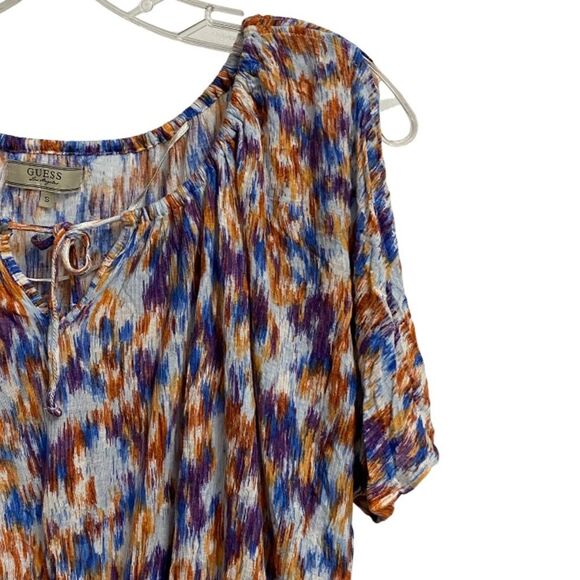 Guess Women's Cold Shoulder Top Size S Ruffle Elastic Waist Tie Neck Y2K Artsy - Picture 4 of 14